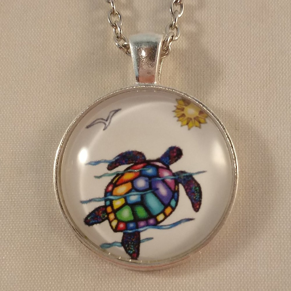 Silver Mystical Rainbow Sea Turtle Cabochon Pendant Chain Necklace Party Gift - Picture 2 of 3
